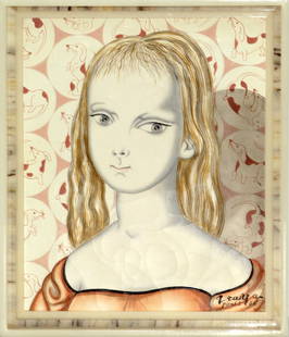 Foussa Itaya - Portrait of a Girl with Daschun Wall Paper: Artist: Foussa ItayaTitle: Portrait of a Girl with Daschun Wall PaperYear: 1966Dimensions: 10in. by 8in.Edition: A unique and original work of artMedium: Original oil on canvasCondition: