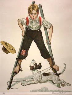 Norman Rockwell - Boy on Stilts: Artist: Norman RockwellTitle: Boy on StiltsYear: 1976Dimensions: 31in. by 24in.Edition: From the limited edition of 200Medium: Original lithograph in color on paperSignature Details: Signed and