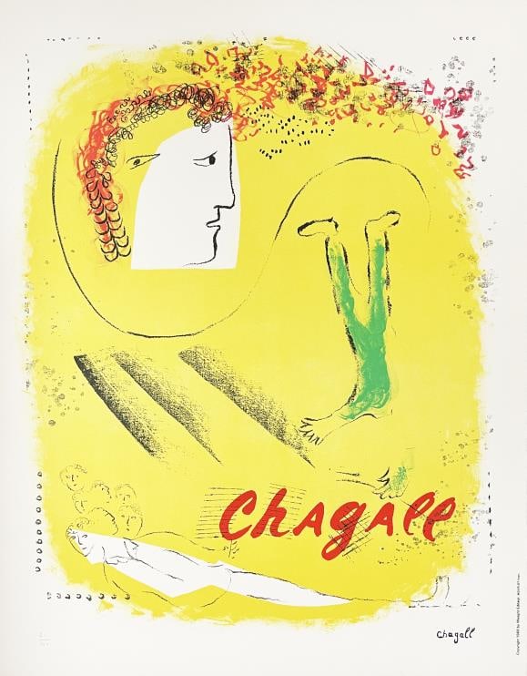 Marc Chagall - The Yellow Background: Artist: Marc Chagall Title: The Yellow Background Year: 1962 Dimensions: 26in. by 19in. Edition: From the rare limited edition of 100 Publisher: Mourlot