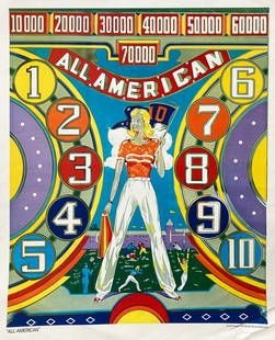 Pinball- All American Poster: Artist: Unknown Artist Title: All American Poster Year: 1974 Dimensions: 22 1/2 x 25 in. Edition: From the rare limited edition Condition: Excellent </