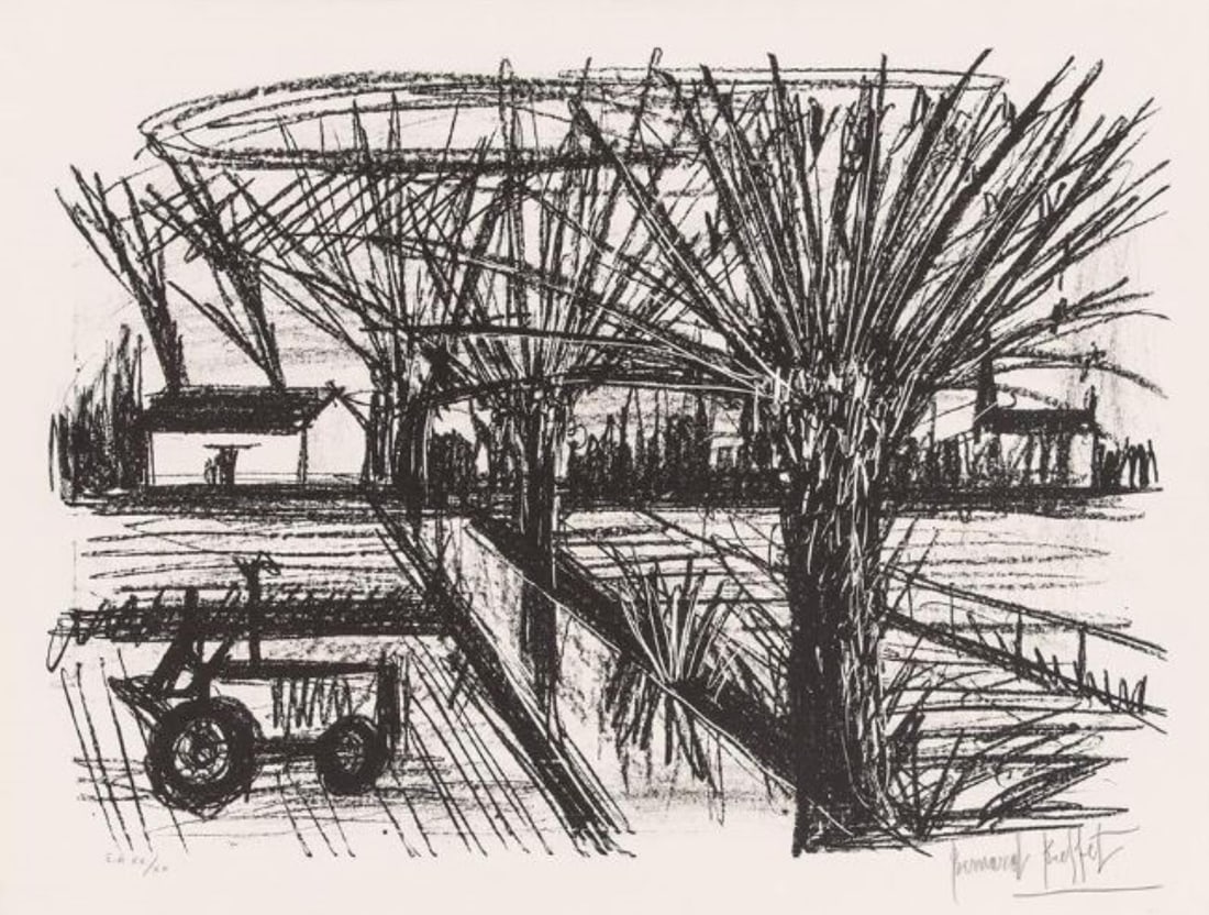 Bernard Buffet - Paysage: Artist: Bernard Buffet Title: Paysage Dimensions: 22.5in. by 30in. Edition: EA From the rare limited edition Medium: Original lithograph on paper Condition: Exc