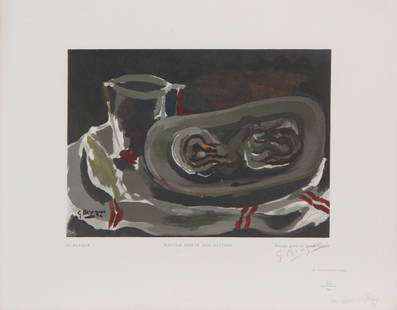 Georges Braque (After) - Nature Morte Aux Huitres: Artist: Georges Braque (After)Title: Nature Morte Aux HuitresYear: 1950Dimensions: 14 1/4in. by 18 1/4in.Publisher: Robert ReySuite: EstampesMedium: Original woodblock engravings in color Condition: