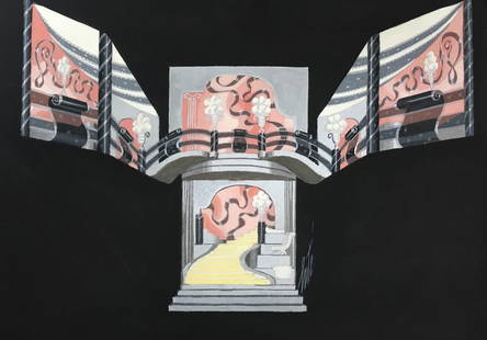 Erte - Untitled Original Gouache (Pink Stage Set): Artist: ErteTitle: Untitled Original Gouache (Pink Stage Set)Dimensions: 14 1/2in. by 10 1/4in.Edition: A unique and original work of artMedium: Original gouache on paperCondition: ExcellentSignature