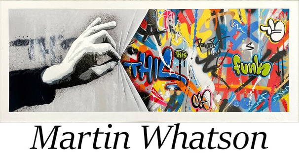 Martin Whatson - Sneak Peek: Artist: Martin WhatsonTitle: Sneak PeekYear: 2021Dimensions: 10 x 25 in.Edition: From the Rare Limted timed EditionPublisher: Graffiti PrintsMedium: Embossed Screen Print on Fine Art PaperCondition: