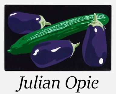 Julian Opie - Still Life with Aubergines and Cucumber: Artist: Julian OpieTitle: Still Life with Aubergines and CucumberYear: 2001Dimensions: 15 3/4 x 25 3/5 in.Edition: From the rare limited editionMedium: Original laminated lambda print on