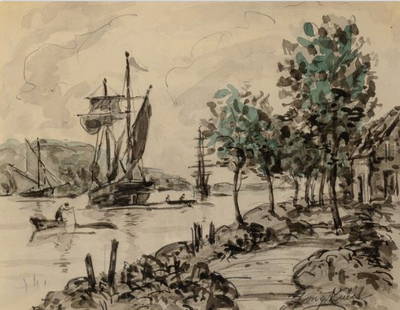 Johan Barthold Jongkind - River Scene: Artist: Johan Barthold JongkindTitle: River SceneYear: 1819-1891Dimensions: 7 5/8in. by 9 1/2in.Edition: Unique Original One of a Kind ArtworkMedium: Watercolor and charcoal on paper laid down on