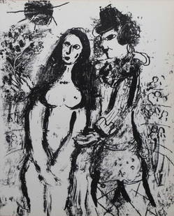 Marc Chagall - Clown In Love: Artist: Marc ChagallTitle: Clown In LoveYear: 1963Dimensions: 10in. by 13in.Edition: From the rare limited editionPublisher: Atelier Mourlot ParisMedium: Lithograph in black and white on Vellum