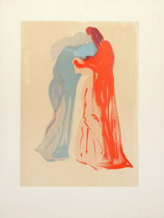 Salvador Dali - Dante and Beatrice: Artist: Salvador DaliTitle: Dante and BeatriceYear: 1964Dimensions: 13in. by 10.25in.Edition: One-of-a-kind work of artSuite: The Divine ComedyMedium: Original decomposition woodblock printed on