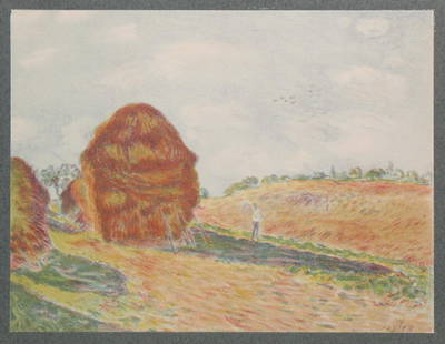 Alfred Sisley - Les Meules: Artist: Alfred SisleyTitle: Les MeulesYear: 1906Dimensions: 8 1/4in. by 6 1/4in.Edition: From the rare limited edition of 1000Publisher: Bruno Cassirer BerlinSuite: Les ImpressionisteMedium: Original