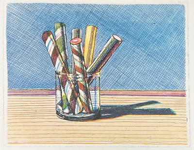 Wayne Thiebaud - Sticks in a Jar: Artist: Wayne ThiebaudTitle: Sticks in a JarYear: 1991 Dimensions: 9in. by 10.5in. Sheet Size Edition:From the Limited Edition Publisher: Chronicle Medium: Offset Lithograph on paper Condition: