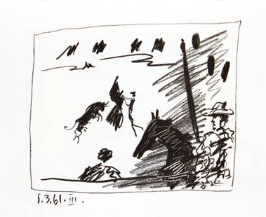 Pablo Picasso - 6.3.61 III: Artist: Pablo PicassoTitle: 6.3.61 IIIYear: 1961Dimensions: 10in. by 13in.Edition: From the limited edition of 150Publisher: Cercle d'ArtSuite: Los TorosMedium: Original offset lithograph executed by