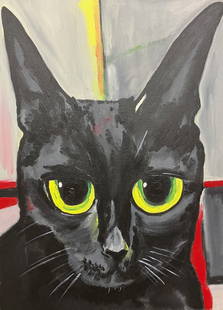 Yevgeniy Kievskiy - Black Cat on Gray Background: Artist: Yevgeniy KievskiyTitle: Black Cat on Gray BackgroundYear: 2019Dimensions: 24 x 18 in.Edition: Unique One of a Kind ArtworkMedium: Original Oil on CanvasCondition: ExcellentSignature Details: