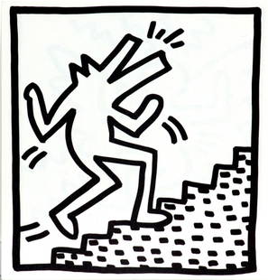 Keith Haring - Untitled (Up the Steps): Artist: Keith HaringTitle: Untitled (Up the Steps)Year: 1982Dimensions: 9in. by 9in.Edition: From the limited edition of 2000Publisher: Tony Shafrazi Gallery New YorkSuite: Keith HaringMedium: