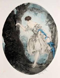 Louis Icart, "Hiding Place": Artist: Louis IcartTitle: Hiding PlaceYear: 1927Dimensions: 18.5in. by 14.5in.Edition: Form the rare limited editionMedium: Original drypoint etching with hand coloring on paperCondition: