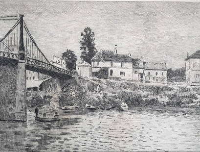 Alfred Sisley - Pont de Villeneuve-La-Garenne: Artist: Alfred SisleyTitle: Pont de Villeneuve-La-GarenneYear: 1873Dimensions: 5in. by 3 3/4in.Edition: From the rare limited editionPublisher: Paris Maisons Durand-RuelSuite: Recueil Gravees a L'eau