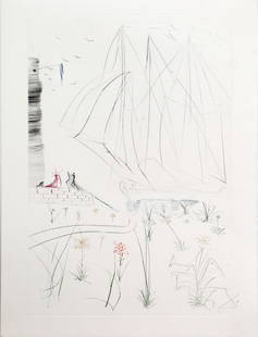 Salvador Dali - The Arrival of Iseult: Artist: Salvador DaliTitle: The Arrival of IseultYear: 1969Dimensions: 12 3/4 x 17 5/8 in.Edition: From the limited edition of 115Suite: Tristan and IsoldeMedium: Original color drypoint etching on