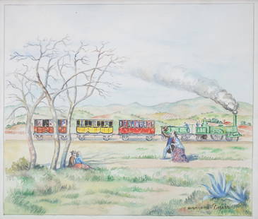 Georges Henri Manzana Pissarro - Untitled Landscape: Artist: Georges Henri Manzana Pissarro Title: Untitled Landscape with Figures and Train Dimensions: 19in. by 18in. Edition: Unique Rare One of a Kind Artwork Medium: Original