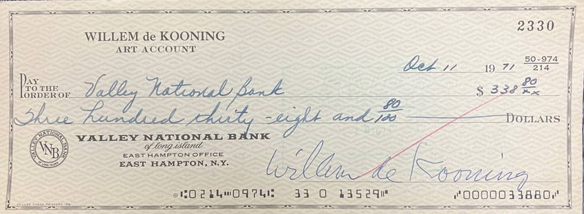 Willem De Kooning - Signed Check from Willem de Kooning 6: Artist: Willem De Kooning Title: Signed Check from Willem de Kooning 6 Year: 1971 Dimensions: 8in. by 2 3/4in. Medium: Paper check with artist signature Condition:<