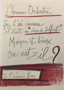 Bernard Buffet - L'homme Orchestre Title Sheet: Artist: Bernard Buffet Title: L'homme Orchestre Title Sheet Year: 1968 Dimensions: 28in. by 20in. Edition: From the rare limited edition Publisher: Editions Fer