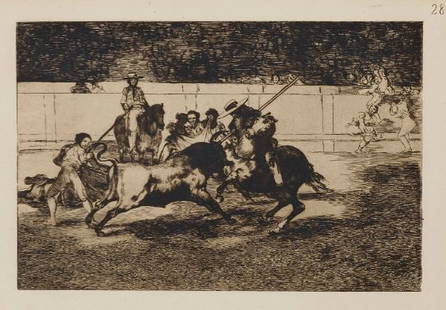 Francisco Goya - La Tauromaquia 28: Artist: Francisco GoyaTitle: La Tauromaquia 28Year: 1816Dimensions: 9.5in. by 6.75in.Edition: From the Rare Limited EditionSuite: La TauromaquiaMedium: Drypoint Intaglio Etching on PaperCondition: