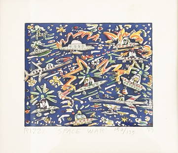James Rizzi - Space War: Artist: James Rizzi Title: Space War Year: 1987 Dimensions: 7 x 6 in. Edition: 150 From the rare limted edition of 175 Medium: Original 3-D Color Scre