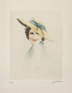 George Grillet (In the Style of Louis Icart) - The Hat: Artist: Unknown Artist (In the Style of Louis Icart) Title: The Hat Dimensions: 9 1/4in. by 6 7/8in. Edition: From the Rare Limited Edition Medium: Drypoint Etching in Colors<