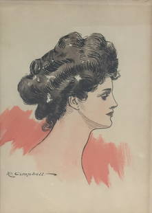 R. Campbell - Woman in Profile: Artist: R. Campbell Title: Woman in Profile Dimensions: 9in. by 13in. Edition: Unique one of a kind artwork Medium: Ink and Gouache on Paper Signature Details: