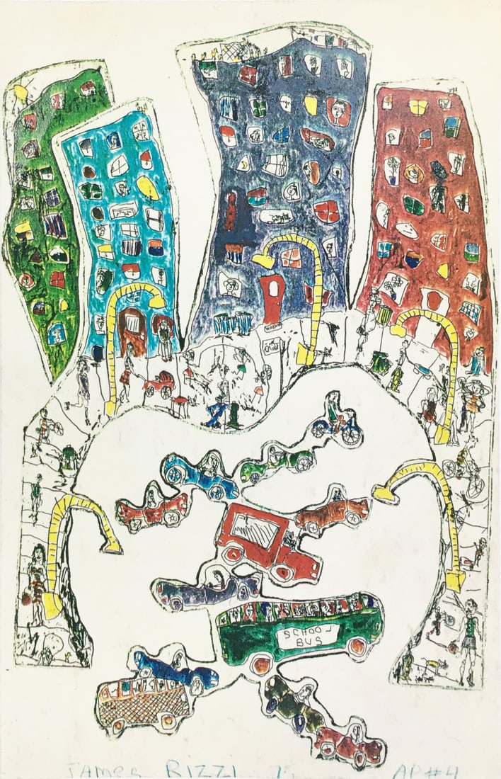 James Rizzi - Cityscape II: Artist: James Rizzi Title: Cityscape II Year: 1975 Dimensions: 10in. by 12 7/8in. Edition: From the Rare Limited Edition Medium: Photocopy on Paper C