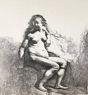 Rembrandt van Rijn (After 1883) - Woman Sitting on Hillock: Artist: Rembrandt van Rijn (After 1883) Title: Woman Sitting on Hillock Year: 1883 Dimensions: 12 1/2in. by 17 1/2in. Edition: From the rare limited edition Medium: