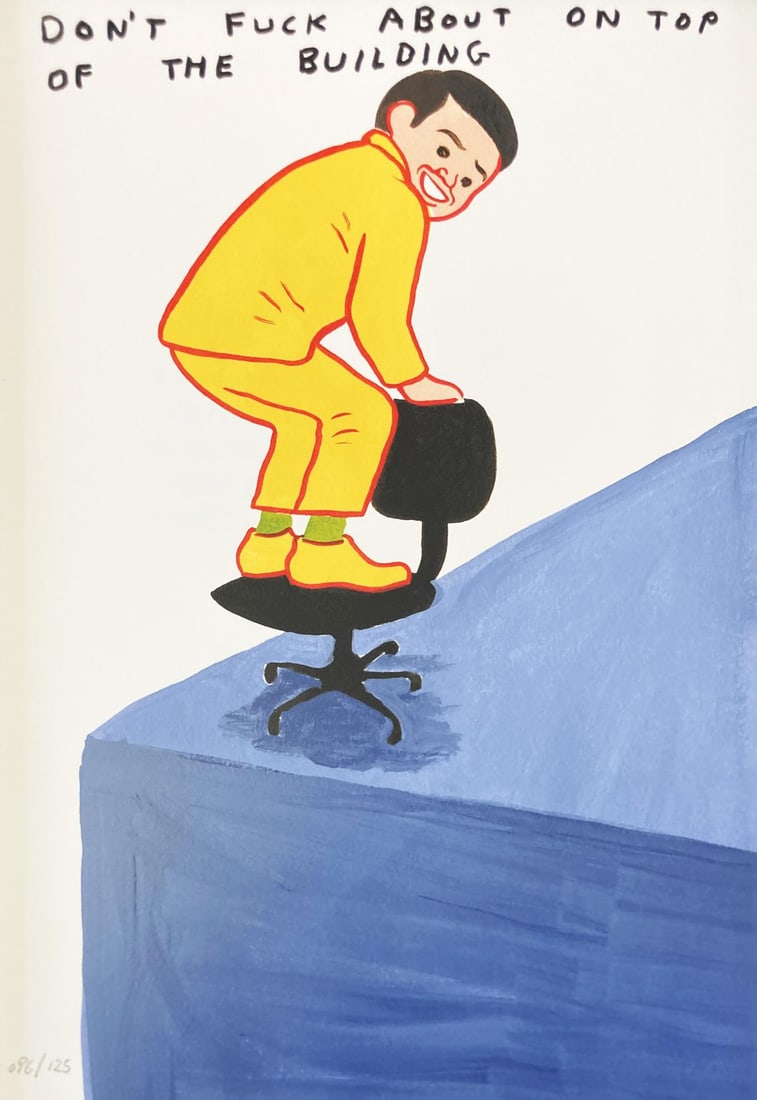 David Shrigley - On Top of The Building: Artist: David Shrigley Title: On Top of The Building Year: 2022 Dimensions: 12 4/5in. by 17in. Edition: From the Rare Limited Edition of 125 Suite: Vote Joan Co