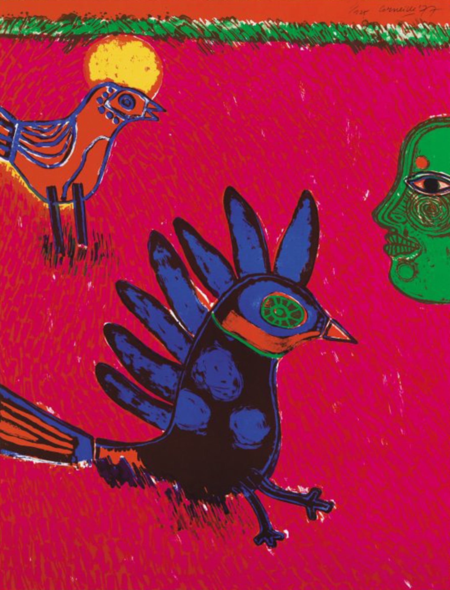 Corneille - La femme aux paupi?res peintes pr?te ses formes rondes aux dures lames de l'herbe: Artist: Corneille Title: La femme aux paupi?res peintes pr?te ses formes rondes aux dures lames de l'herbe Year: 1965 Dimensions: 25 11/16 x 19 3/4 in. Edition: From the limited ed