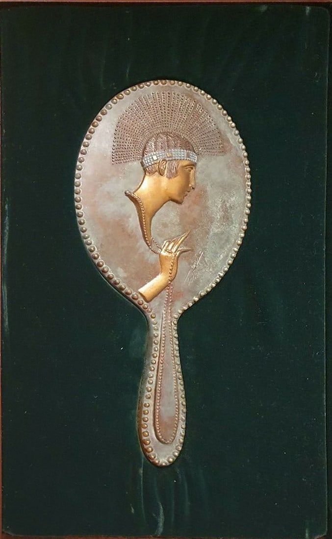 Erte - Pearls: Artist: Erte Title: Pearls Year: 1985 Dimensions: 6in. by 12in. Edition: From the limited edition of 250 Medium: Original cast bronze hand mirror Con