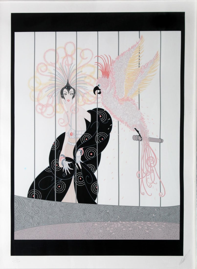 Erte - Bird Cage: Artist: Erte Title: Bird Cage Year: 1985 Dimensions: 40in. by 32.5in. Edition: From the rare edition of 300 Medium: Original serigraph on paper Condi