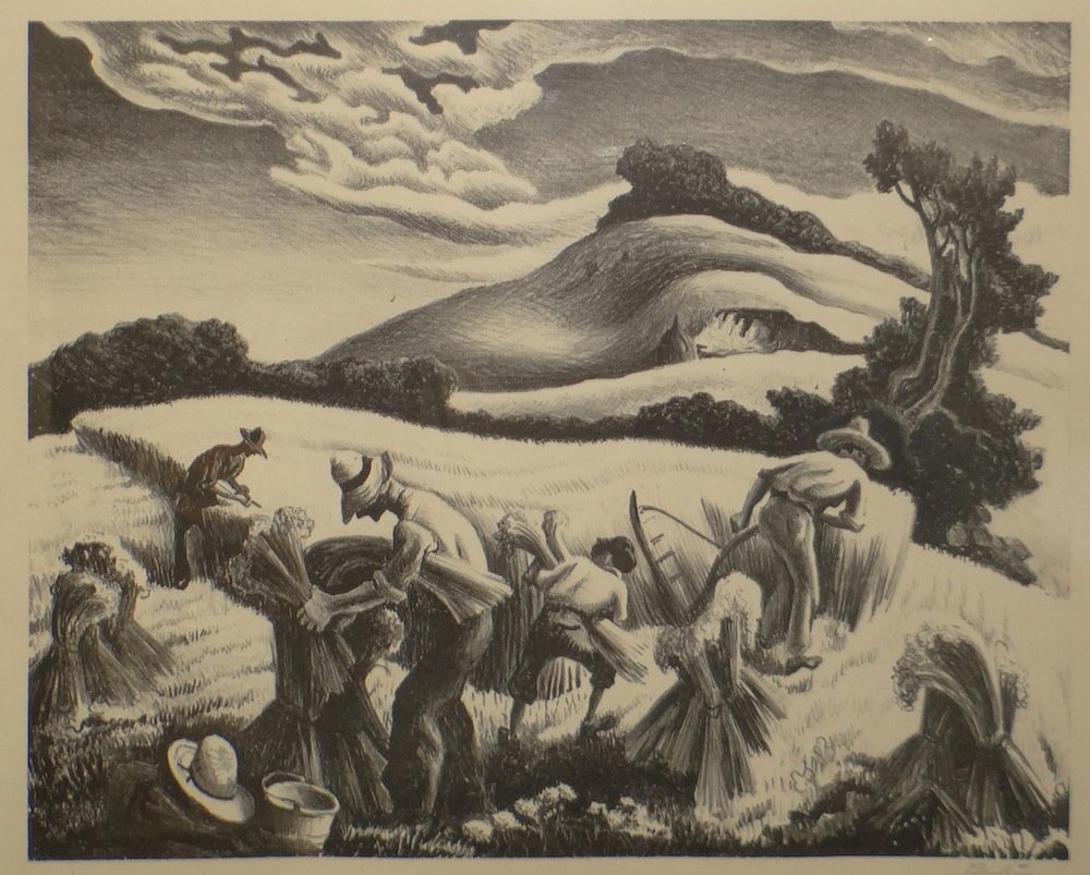 Thomas Hart Benton "Cradling Wheat" lithograph: Artist: Thomas Hart Benton Title: "Cradling Wheat" Medium: Original lithograph in black on wove paper Size: 9 1/2" x 12" (image) Year: 1939 Edition: From the limited editio