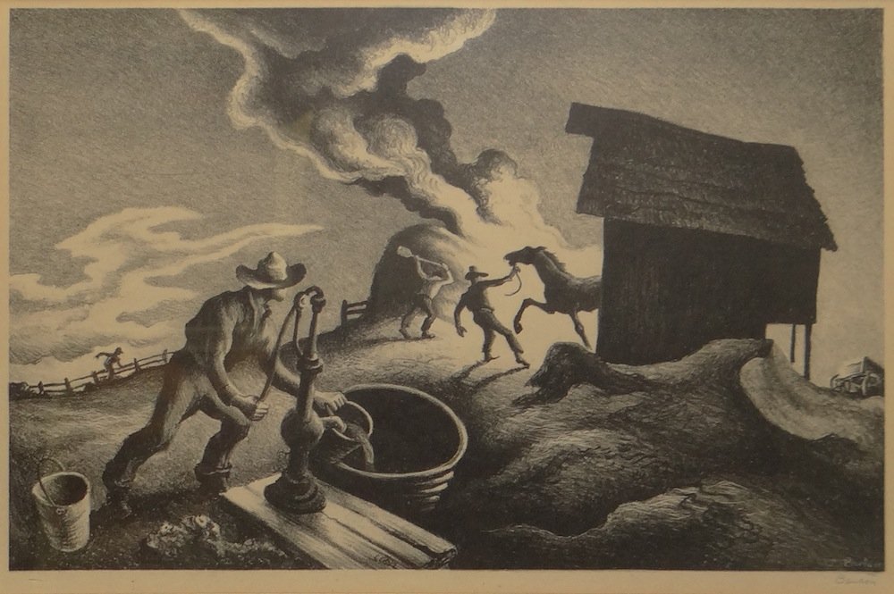 Thomas Hart Benton "Fire in the Barnyard" lithograph: Artist: Thomas Hart Benton Title: "Fire in the Barnyard" Medium: Original lithograph in black on paper Size: 8 1/2" x 13 1/4" (image) Year: 1944 Edition: From the limited e