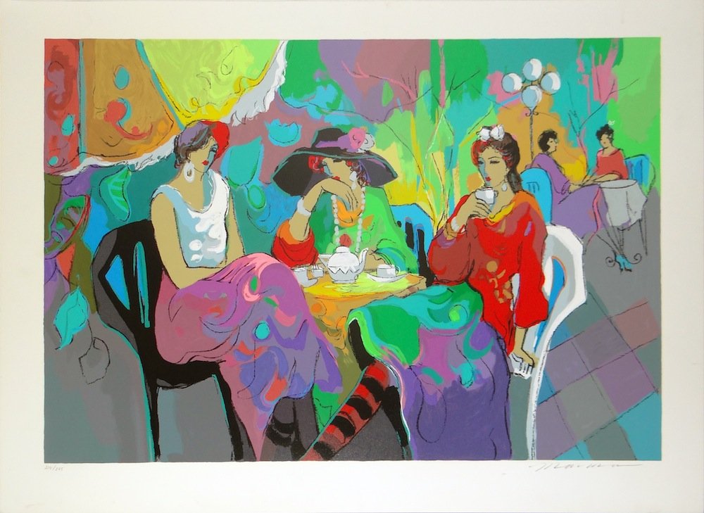 Isaac Maimon "Park Garden Cafe" serigraph: Artist: Isaac Maimon Title: "Park Garden Cafe" Medium: Original serigraph on paper Edition: 214 from the limited edition of 275 Size: 29 3/4" x 39 3/8" Signature: Hand sign