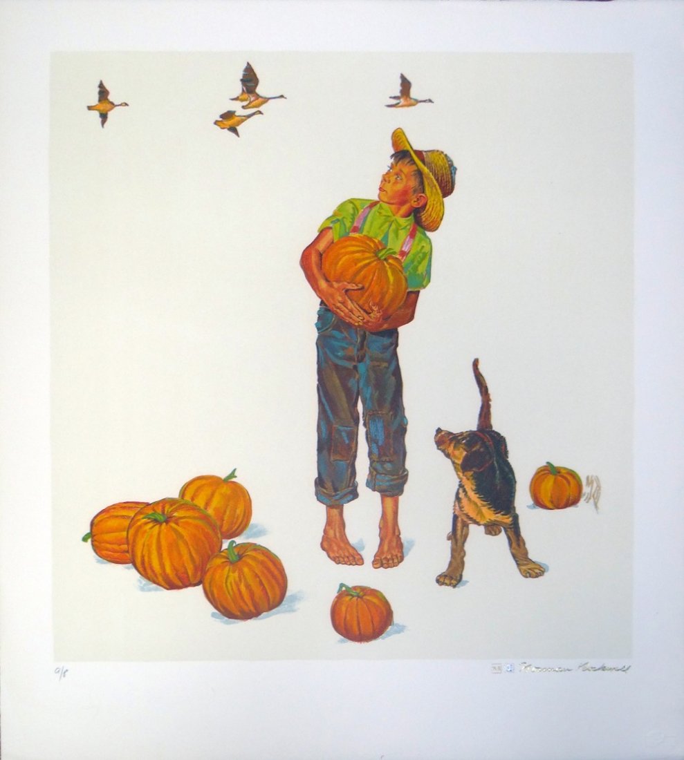 Norman Rockwell "Autumn Harvest" lithograph: Artist: Norman Rockwell Title: Autumn Harvest Suite: Encore Edition suite Medium: Original lithograph in colors Size: 26 1/2" x 23 3/4" Edition: Artist Proof aside from the