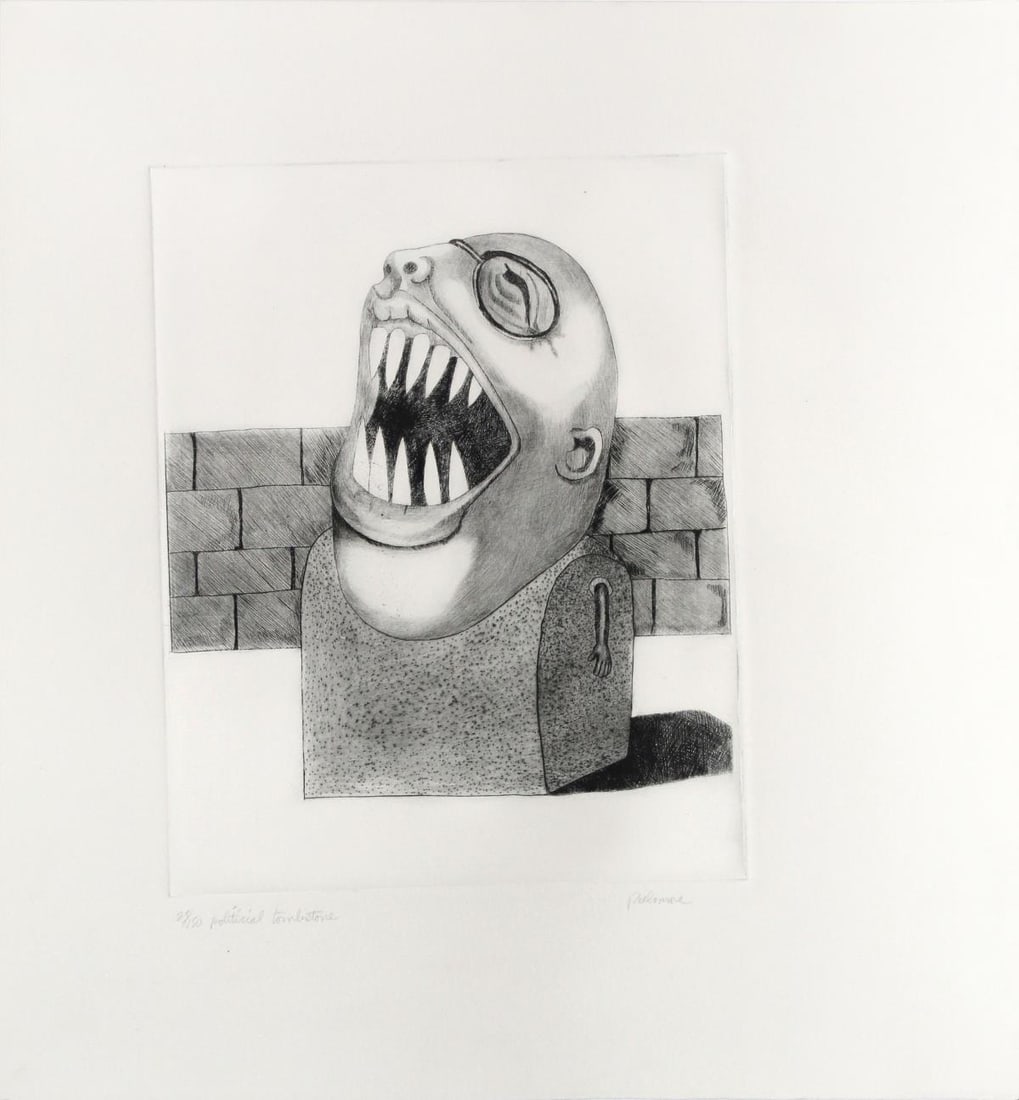 Tom Palmore - Political Tombstone: Artist: Tom Palmore Title: Political Tombstone Dimensions: 13in. by 15in. Edition: From the limited edition of 150 Medium: Original etching on paper Signature Detai