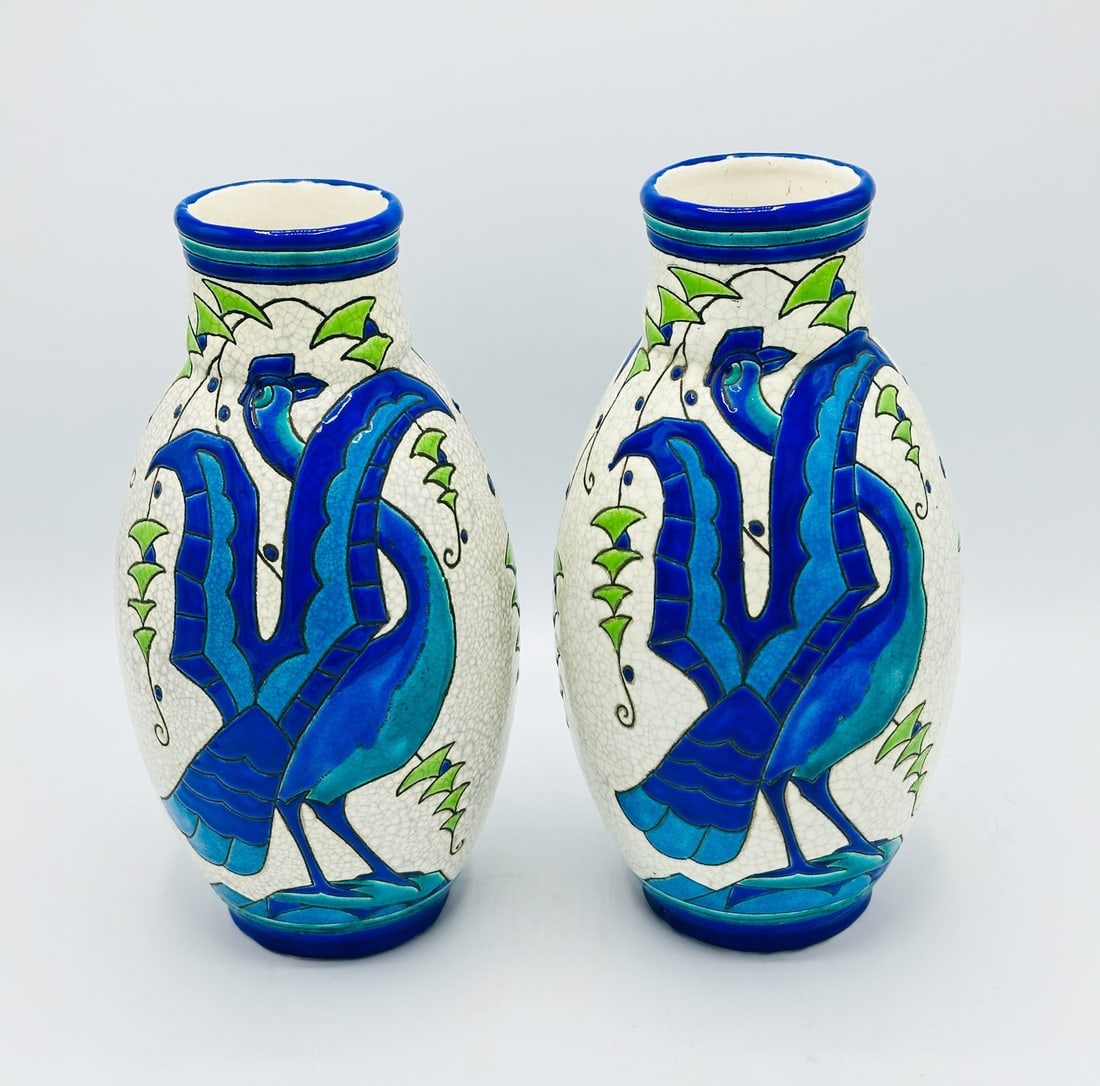 Charles Catteau - Pair of Boch Freres Keramis Art Deco Bird Vases: Artist: Charles Catteau Title: Pair of Boch Freres Keramis Art Deco Bird Vases Year: c.1925 Dimensions: 11 3/4 in. Medium: Enameled Vase Condition: Excellent</
