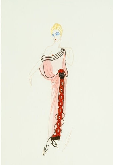 Erte - Design: Artist: Erte Title: Classical Maiden Costume Design Year: circa 1940 Dimensions: 13 1/2in. by 9 1/4in. Weight: 0 Edition: Original One of a Kind Artwork