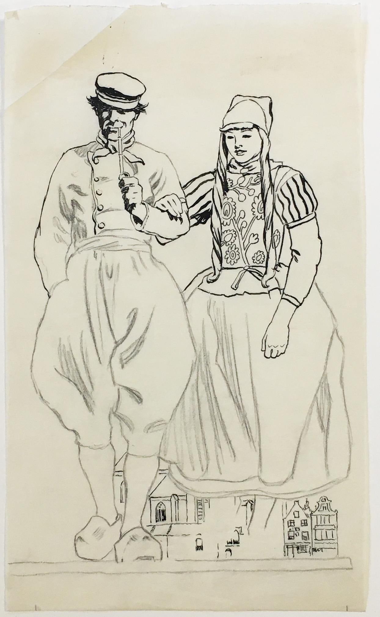 Edward Penfield - Dutch Couple 1: Artist: Edward Penfield Title: Dutch Couple 1 Dimensions: 9 3/4in. by 5 7/8in. Edition: Unique One of a Kind Artwork Medium: Graphite and Ink on Paper Condition: