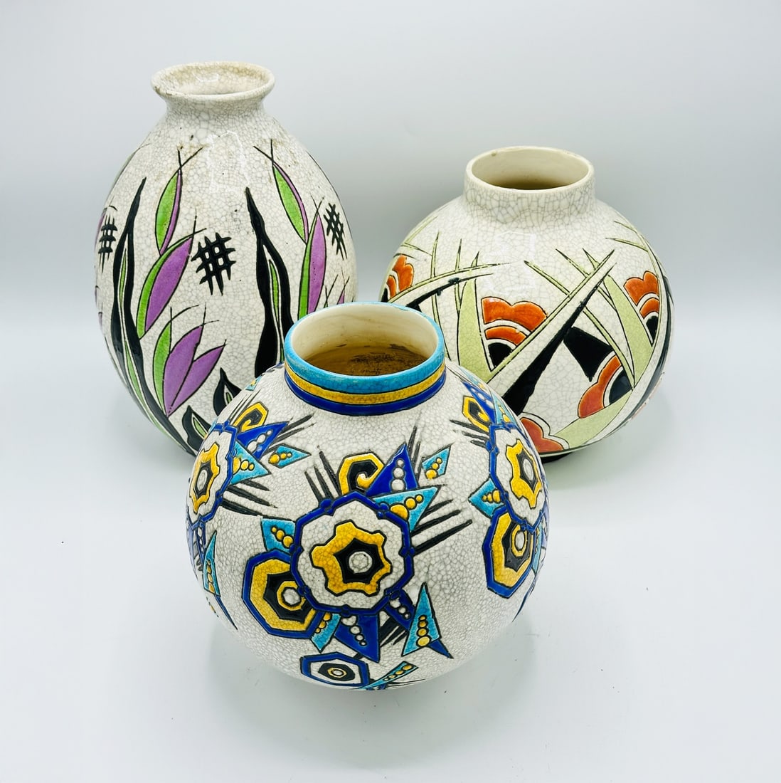 Charles Catteau - Group of Three Boch Freres Keramis Art Deco Vases: Artist: Charles Catteau Title: Group of Three Boch Freres Keramis Art Deco Vases Year: c.1925 Dimensions: 12 1/2 in. Medium: Enameled Vase Condition: Excellent<
