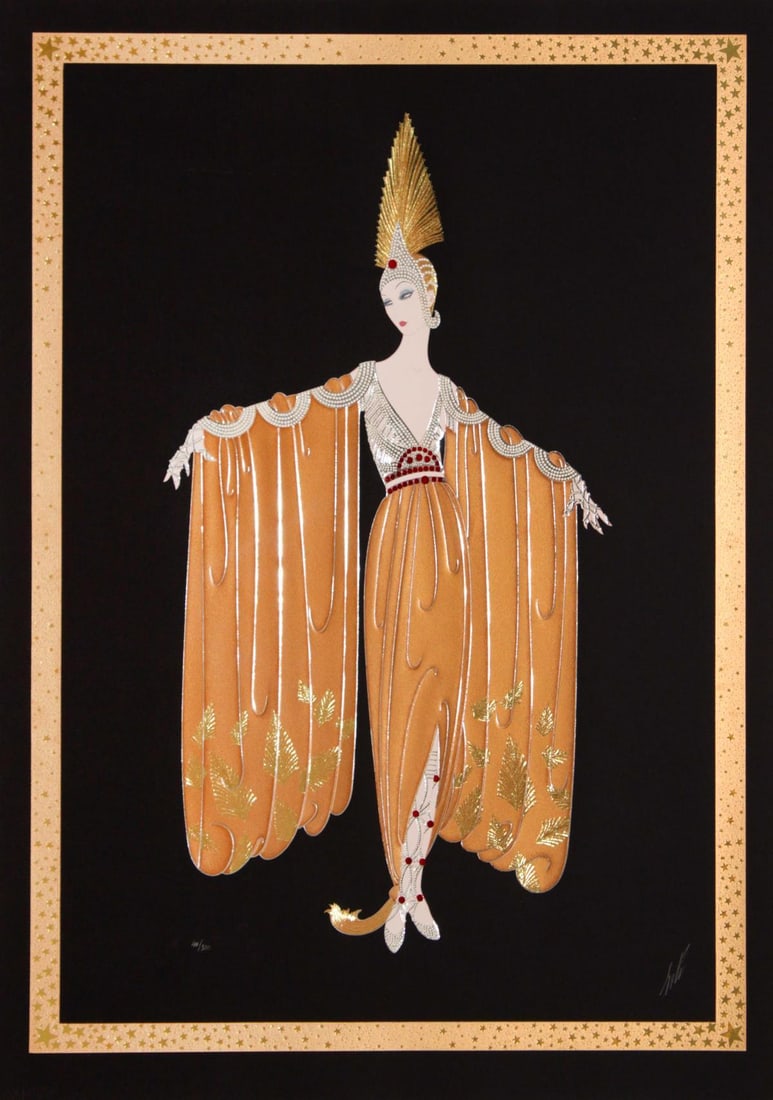 Erte - Gown Orientale: Artist: Erte Title: Gown Orientale Dimensions: 40in. by 29.5in. Edition: from the limited edition of 300 Medium: Original serigraph with metallic embossing on black paper
