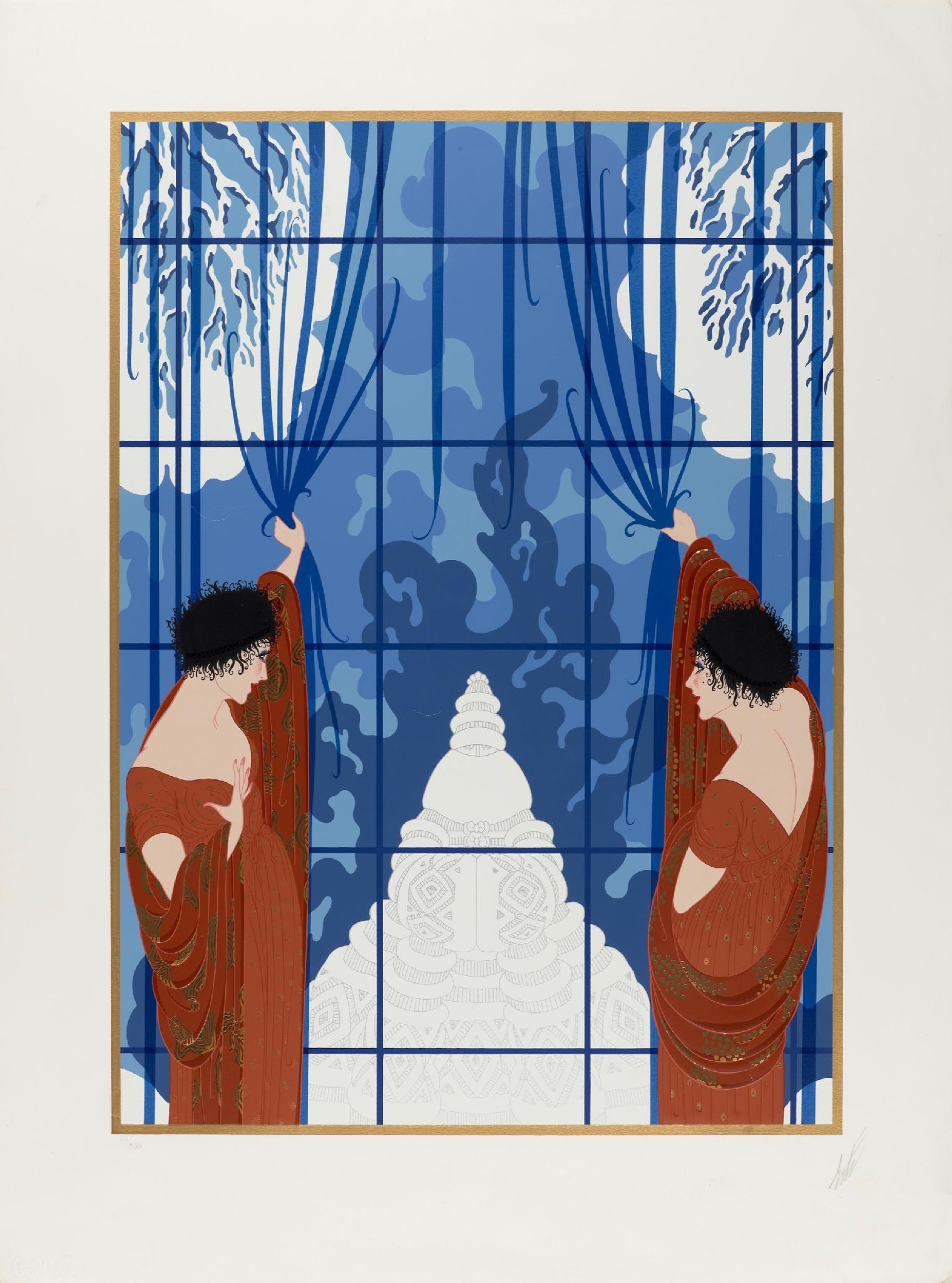 Erte - Winter's arrival: Artist: Erte Title: Winter's arrival Year: 1984 Dimensions: 33 x 24 1/2 in. Edition: from the rare Limited Edition of 300 Medium: Embossed serigraph with foil s