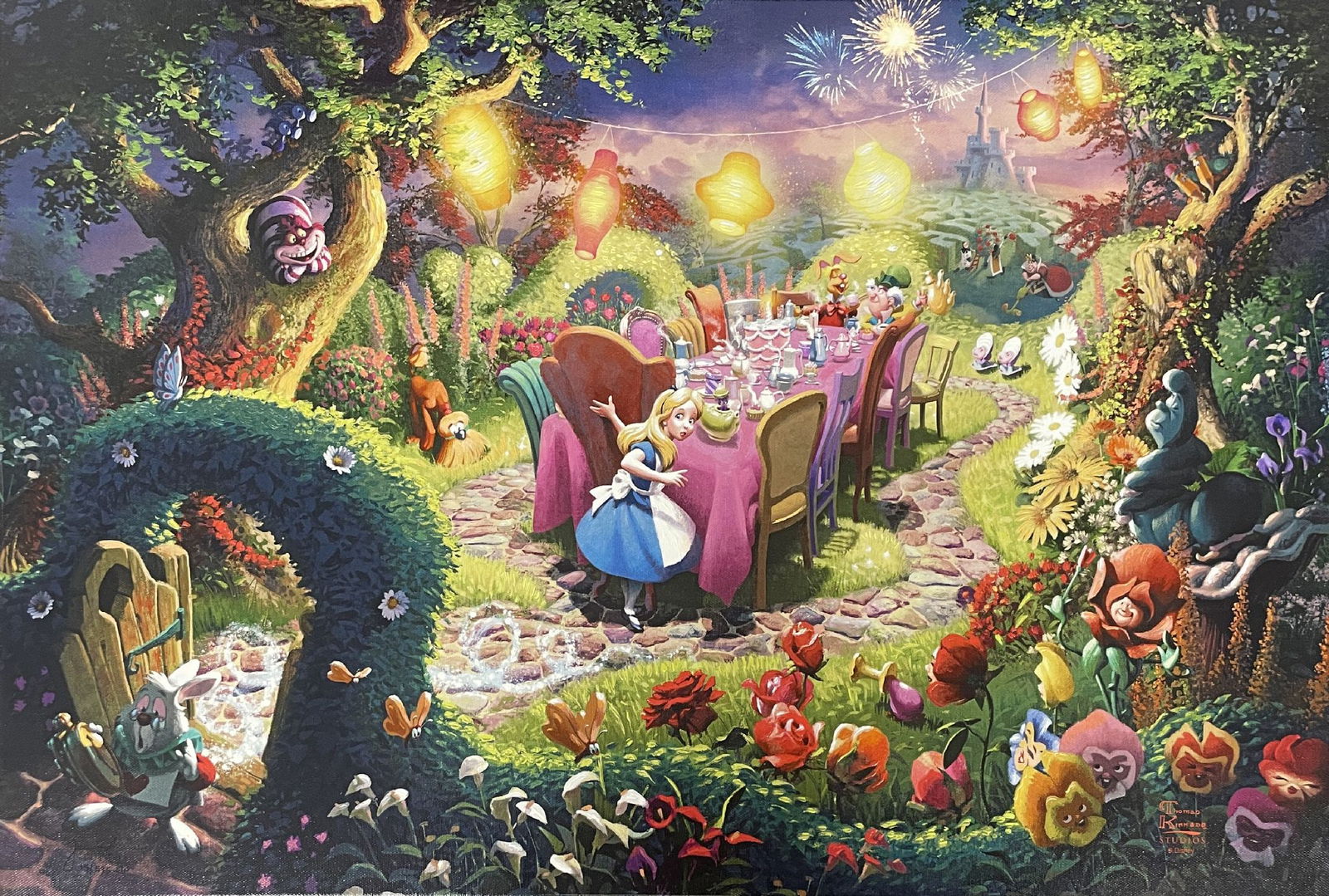 Thomas Kinkade - Mad Hatter's Tea Party: Artist: Thomas Kinkade Title: Mad Hatter's Tea Party Dimensions: 18 x 27 in. Edition: From the rare limited edition of 295 Medium: Continuous Tone Print on Canvas Condit