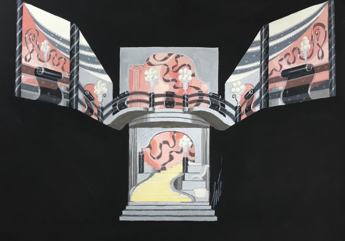 Erte - Untitled Original Gouache (Pink Stage Set): Artist: Erte Title: Untitled Original Gouache (Pink Stage Set) Dimensions: 14 1/2in. by 10 1/4in. Edition: A unique and original work of art Medium: Original gouache on paper<