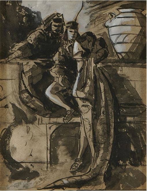 Everett Shinn - A Gathering at the Wall: Artist: Everett Shinn Title: A Gathering at the Wall Dimensions: 8 3/4in. by 6 5/8in. Edition: Unique One of a Kind Artwork Medium: Original Watercolor on Paper Con