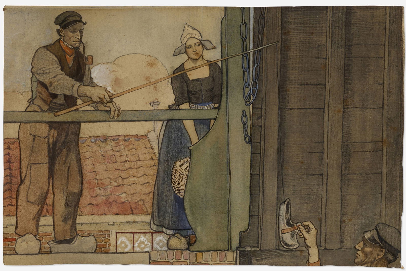 Edward Penfield - Dutch Couple: Artist: Edward Penfield Title: Dutch Couple Dimensions: 10 5/8in. by 16 1/8in. Edition: Unique One of a Kind Artwork Medium: Watercolor and Ink on Paper Laid to Board