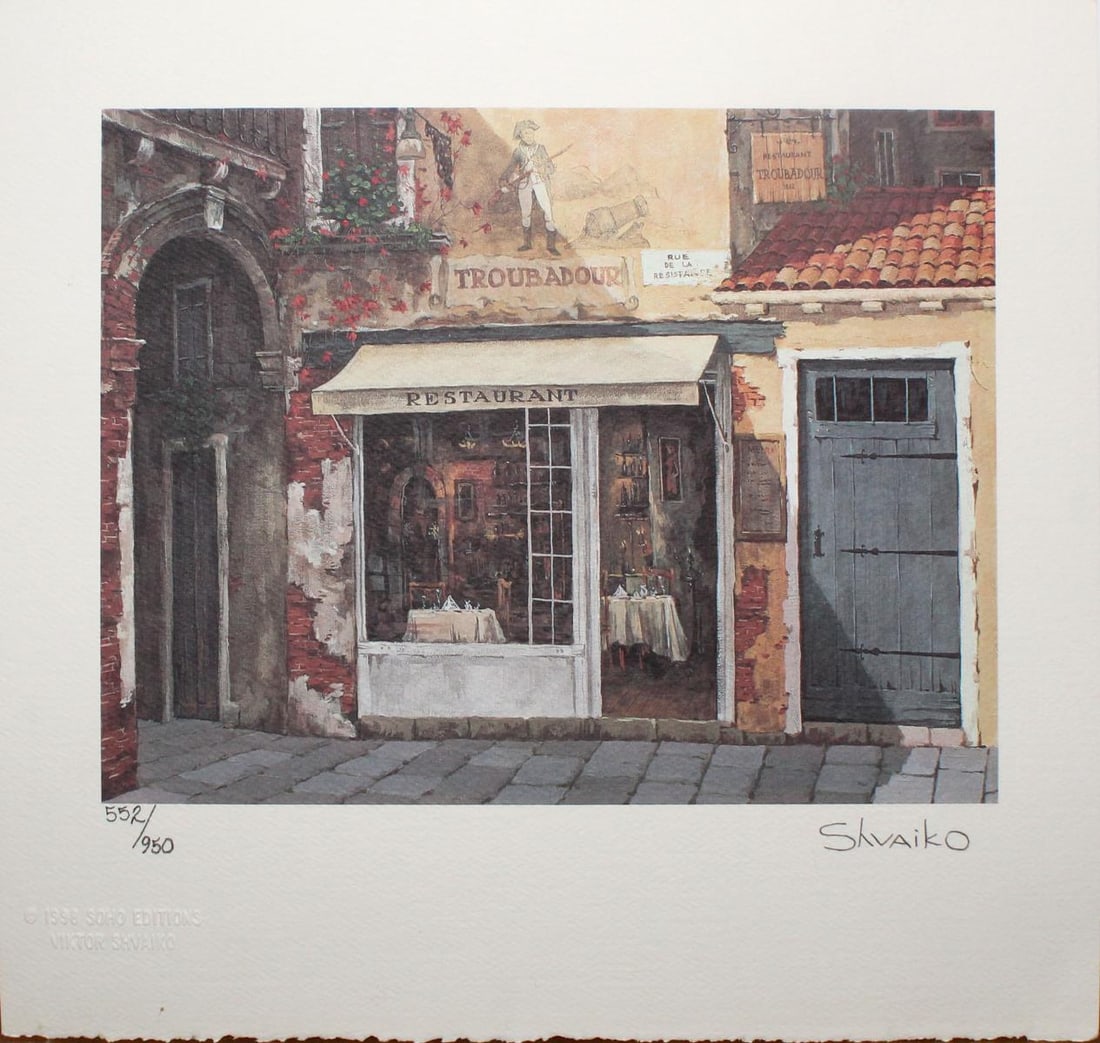 Viktor Shvaiko - Troubador Restaurant: Artist: Viktor Shvaiko Title: Troubador Restaurant Year: 1998 Dimensions: 10.25in. by 11in. Edition: From the rare limited edition of 950 Medium: Color lithograph on paper<
