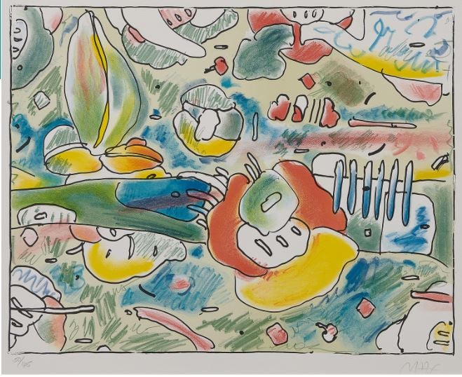 Peter Max - Composition: Artist: Peter Max Title: Composition Year: 1980 Dimensions: 19in. by 24in. Edition: From the rare limited edition of 165 Medium: Color serigraph Cond